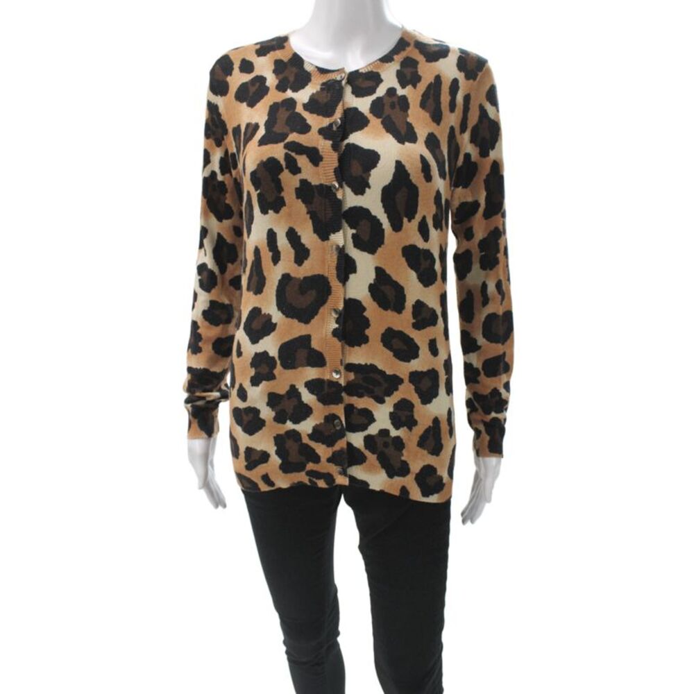 Tweed Women Cardigan Animal Print Beige Long Sleeve Round Neck Size XS